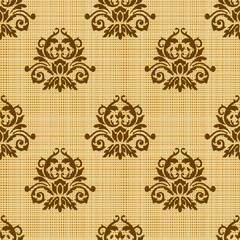 Decoration on fabrics. Seamless pattern of flower twigs, baroque ornaments and Victorian decor.