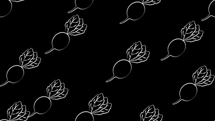 radish on black background, illustration, pattern. oblong radish, a healthy vegetable for salads. pattern black and white, in the style of chalk overlay