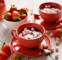 Valentine's Day hot chocolate with heart-shaped marshmallows. A delicious idea for a Valentine's Day drink