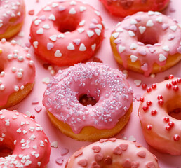 Valentines day  donuts with icing and sugar sprinkles on a pink background close up view. An idea...