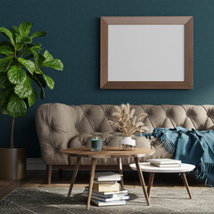 Dark green retro living room with coffe tables, sofa, plant and mock-up picture. 3D render. 3D illustration.