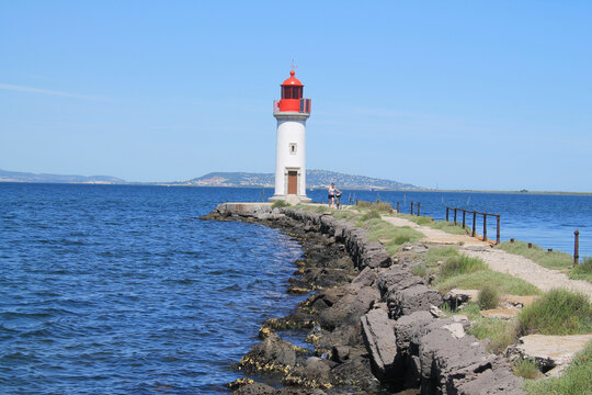 Onglous lighthouse in Marseillan, a seaside resort in the Herault department in southern France