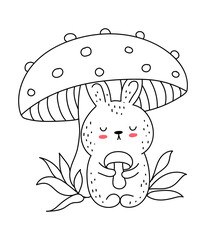Vector line drawing cute rabbit with mushroom. Doodle illustration. Easter
