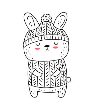 Vector line drawing cute rabbit in hat and sweater. Doodle illustration. Easter