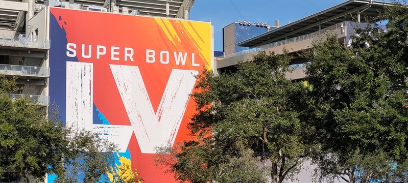 Tampa, Florida February 4 2021: Stadium Main Entrance Superbowl LV Venue Billboard