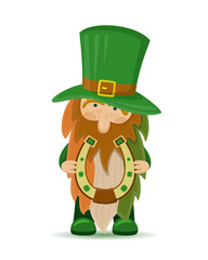 A cute St Patrick's day leprechaun cartoon character with horseshoe and beard in the colors of the Irish flag. Vector illustration for cards, decor, shirt design, invitation, poster, banner