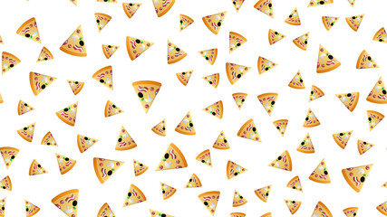 slice of pizza on a white background,  illustration, pattern. appetizing, tasty pizza with a variety of paprika, meat, vegetables filling. movie snack, quick lunch