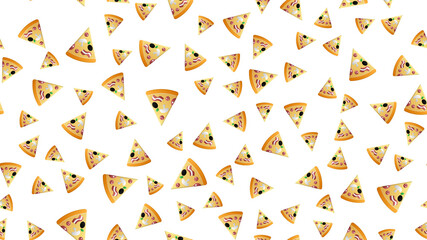 slice of pizza on a white background,  illustration, pattern. appetizing, tasty pizza with a variety of paprika, meat, vegetables filling. movie snack, quick lunch