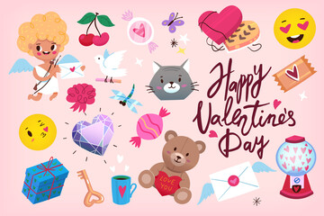 Fototapeta premium Cute graphic elements for posters, greeting cards, flyers labels banners and invitations for Valentine's Day party. Cupids hearts diamond and sweet animals. Isolated vector elements 3 of 5