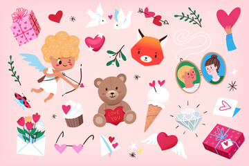 Cute graphic elements for posters, greeting cards, flyers labels banners and invitations for Valentine's Day party. Cupids hearts diamond and sweet animals. Isolated vector elements 1 of 5