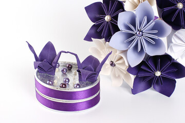 Origami artificial wedding paper bouquet - purple and white flowers with beads, and ring box decorated with origami birds and beads 