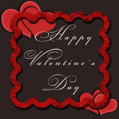 Square valentines day card with red hearts under the red frame with inscription HVD on black-brown background.