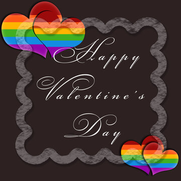 Square valentines day card with hearts in rainbow colors under the white frame with inscription HVD on black-brown background.