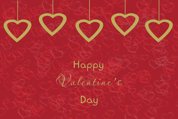 Valentine's card with hanging gold hearts on red background with small hearts.