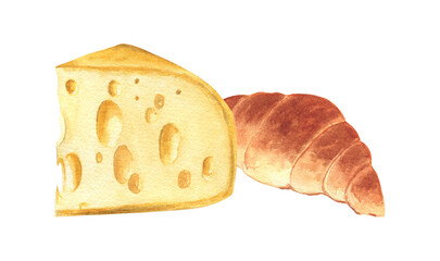 Cheese and croissant composition on white isolated background. Watercolor illustration. 