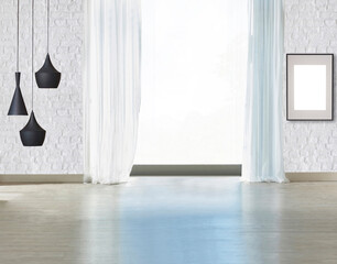 empty living room interior decoration modern lamp and wooden floor, stone wall concept. decorative background for home, office, hotel