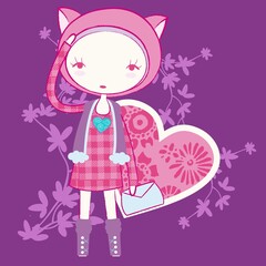 Illustration vector cute doll with butterfly and background for fashion design