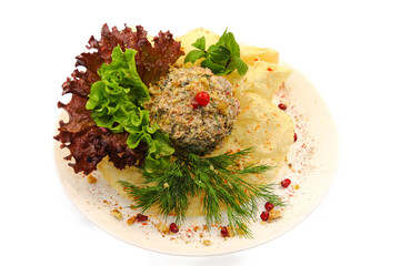 Photo of food for the menu. Catalog shooting of the restaurant menu. Product data survey. Dish on a plate on a white background