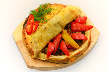 Photo of food for the menu. Catalog shooting of the restaurant menu. Product data survey. Dish on a plate on a white background