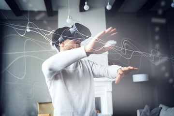 3d glasses of black color on the face. 5G data transmission modern digital technology is available. the programmed screen graph is in the air. works in virtual reality.