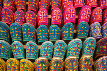 Colorful, patterned Moroccan shoes for sale in Fez, Morocco
