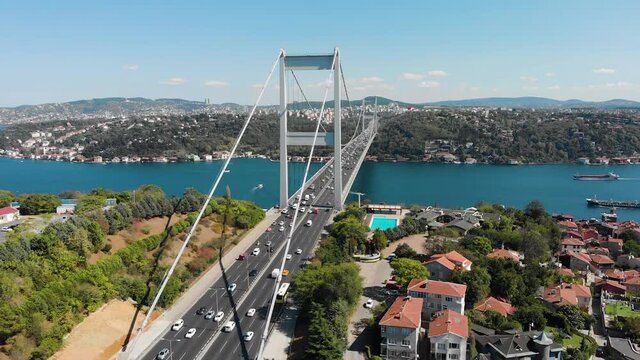 Establishing aerial drone view of Fatih Sultan Mehmet Bridge (Second Bosphorus Bridge) and car traffic at the day time in Istanbul, Turkey