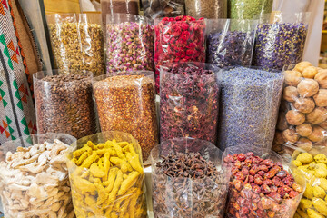 Dried food and herbs for sale in the souk in Nizwa, Oman.