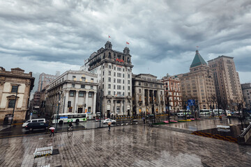 SHANGHAI, CHINA-MARCH 6,2012:Buildings on the Bund Waterfront in the rain.