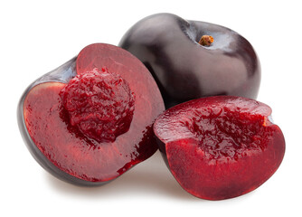 sliced deep red burgundy plum path isolated on white