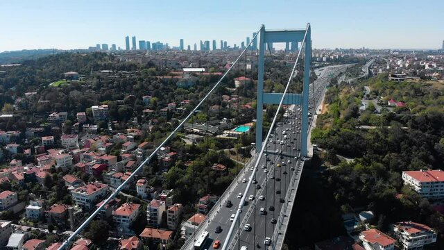 Establishing aerial drone view of Fatih Sultan Mehmet Bridge (Second Bosphorus Bridge), car traffic and Levent district skyscrapers skyline in the background at the day time in Istanbul, Turkey