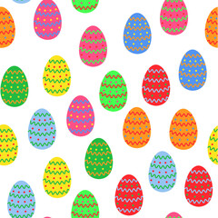 Seamless pattern of Easter eggs of different pastel colors with colorful patterns on white background. Vector illustration