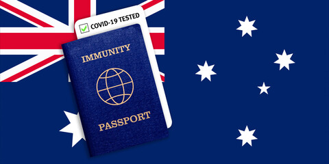 Obraz na płótnie Canvas Immunity passport and test result for COVID-19 on flag of Australia.