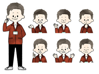 中年男性職員の表情セット-水彩