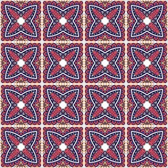 Fototapeta premium Seamless Tile Pattern, Crazy Patchwork Quilt Ornament. Endless Ethnic Texture with Square Ornate Motif. Vintage Mosaic Décor. Swatch for Fabric Textile, Wrapping Paper, Wallpaper. Vector Illustration