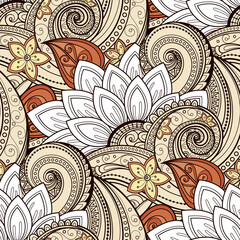 Seamless Pattern with Vintage Floral Motifs. Endless Texture with Flowers and Leaves. Nature Inspired Ornament. Swatch for Fabric Textile, Wrapping Paper, Wallpaper. Vector Contour Illustration