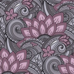 Seamless Pattern with Vintage Floral Motifs. Endless Texture with Flowers and Leaves. Nature Inspired Ornament. Swatch for Fabric Textile, Wrapping Paper, Wallpaper. Vector Contour Illustration