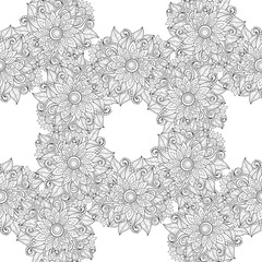 Monochrome Seamless Pattern with Abstract Flowers and Leaves. Endless Texture with Floral Motifs. Nature Inspired Abstract Elements. Coloring Book Page. Vector Contour Illustration