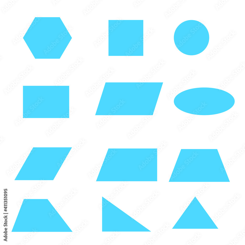 Wall mural A set of flat geometric shapes circle, triangles, ellipse, trapezoid, rectangle, parallelogram isolated on a white background. Poster, visual aid.