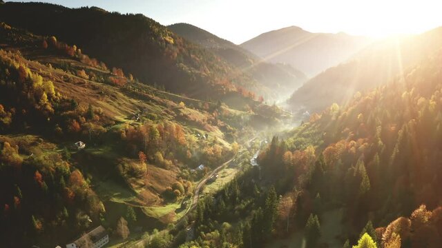 Aerial mist over mountain village at sun day. Autumn nobody nature landscape. Cottages on mount hills. Green pine trees forest at rural road in fog. Unknown misty Carpathian ridges, Ukraine, Europe