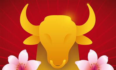 Golden ox head, with nose ring and peach flowers, Vector Illustration