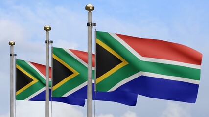 African RSA flag waving in wind with blue Sky cloud. South Africa banner blowing