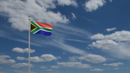 African RSA flag waving in wind with blue Sky cloud. South Africa banner blowing