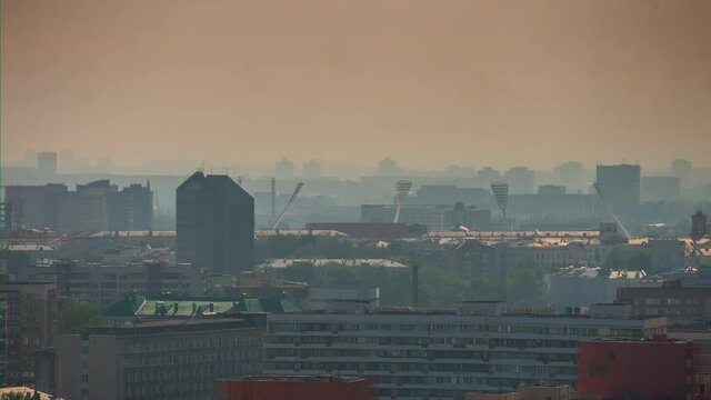 sunset time minsk cityscape central district rooftop panorama 4k timelapse belarus 
