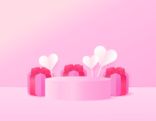 a podium, gifts and paper hearts. pink background. relasitic vector or 3d. design element templates for valentines day events, happy mothers and fathers day, mockups, product presentation