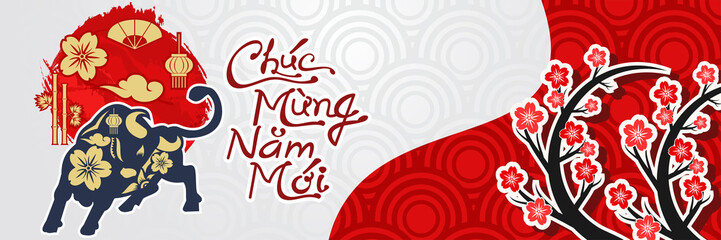 Translation: Happy New Year, 2021. Happy Vietnamese New Year Tet  or Tết Day 2021 year of the Ox vector illustration. Suitable for greeting card, poster and banner. 