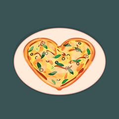 Isolated vector Heart shaped pizza for Valentines day is on the pink plate on blue background