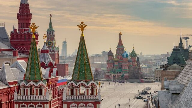 sunset sky moscow city famous red square rooftop panorama 4k timelapse russia