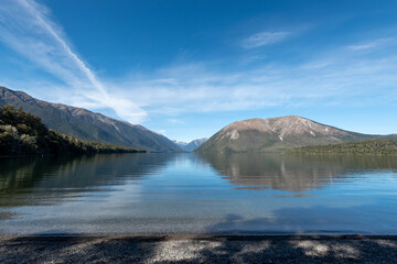 The view across Lake Rotoiti to Pourangahau Mount Robert in the Nelson Lakes National Park, New...