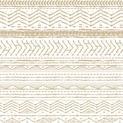 Horizontal Seamless abstract winter repeat border pattern. Random rough, twisted part of beige triangles or broken lines, zigzags, circles or big dots shapes. Hand drawn effect on white background