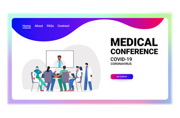 team of doctors having video conference mix race medical specialists discussing at round table medicine healthcare concept horizontal full length copy space vector illustration